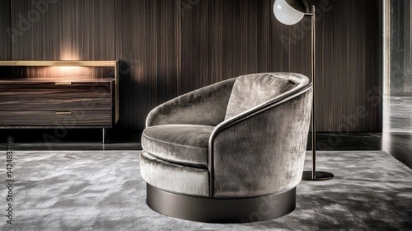 Obraz Modern grey velvet armchair in a sophisticated living room setting.