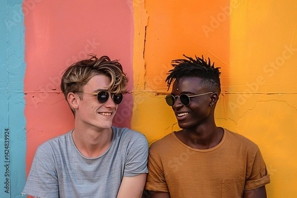 Obraz Two Friends Smiling at Each Other Against Colorful Wall