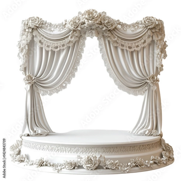 Fototapeta Elegant White Stage with Draped Curtains and Roses