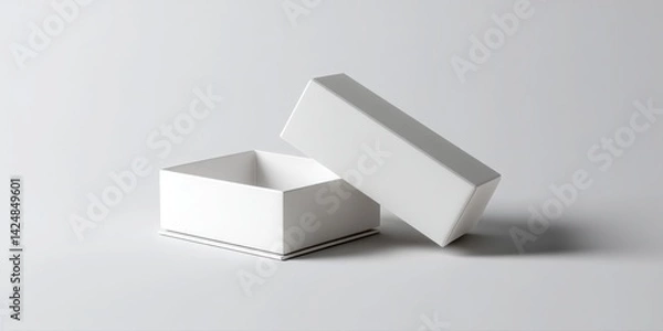 Fototapeta A minimalist shot of an open white mockup box with its lid resting against it on a white background