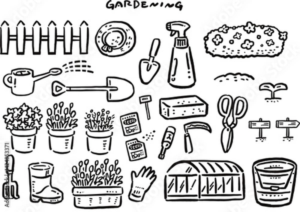 Obraz ガーデニングの手描き風シンプル　線画イラストセット