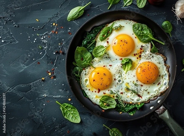 Fototapeta Fried Eggs with Spinach in a Pan on a Dark Background
