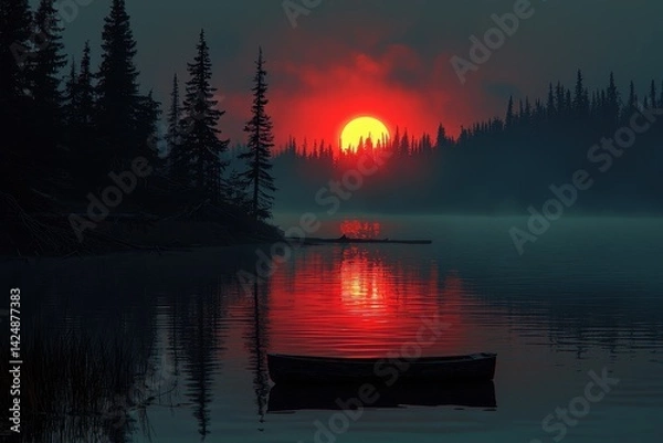Obraz Eerie crimson moon rises over a still lake, silhouetting a forest and a lone boat. Dramatic and atmospheric landscape