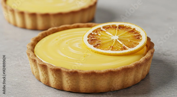 Fototapeta Close up of a Lemon Tart with a lemon slice garnish. The crust is golden. Another tart is blurred in the background.