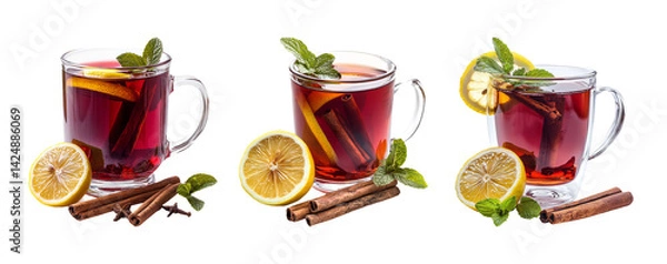Obraz Three Transparent Cups of Herbal Tea with Lemon and Cinnamon Sticks