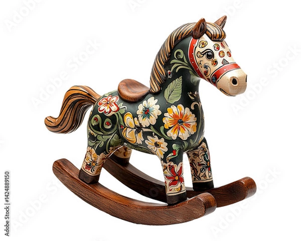 Obraz Colorful Wooden Rocking Horse Toy with Floral Design and Transparent Background