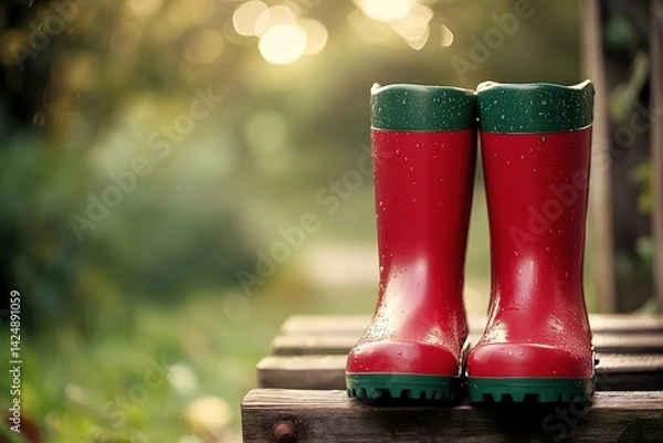 Obraz Pair of vibrant red rain boots resting on rustic wooden planks.