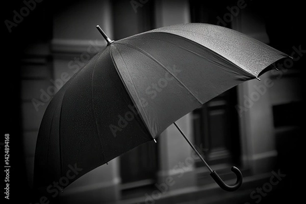 Obraz A sleek, black umbrella with water droplets, dramatically lit against a dark, textured background. Classic and moody