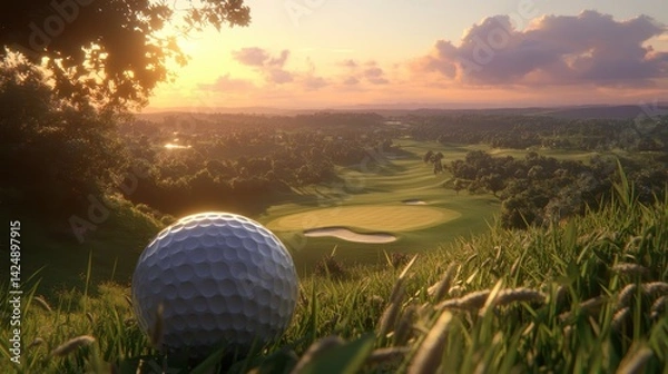 Obraz Golden hour over a lush golf course. A golf ball rests in the foreground, bathed in warm sunlight and surrounded by tall grass