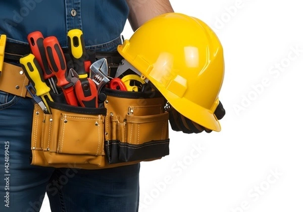 Fototapeta Construction worker holding tools hard hat ready for work