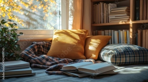 Obraz Cozy Reading Nook with Sunlight and Books