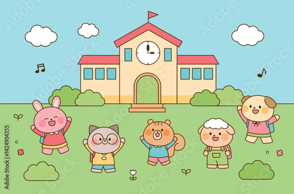 Obraz Cute cartoon animal kids going to school, cheerful morning scene with a clock tower and backpacks. Flat style for children’s content.