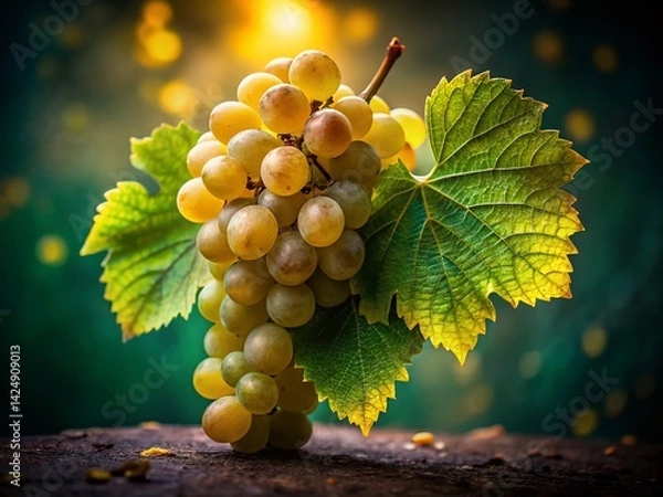 Obraz Riesling Grapes Cluster with Leaf - Low Light Stock Photo