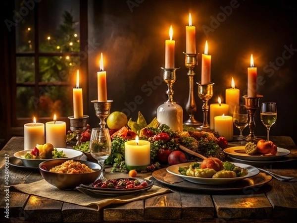 Fototapeta Romantic Dinner Candlelight Setting: Dark Background Food Photography