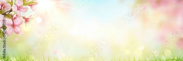 Fototapeta Beautiful spring background with cherry blossoms. Green grass and pink flowers. Soft colors with sun halo. Banner with space for text.