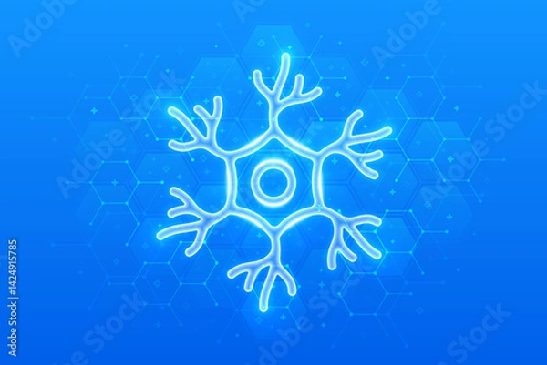 Obraz Nerve cell icon. Human neuron cell, unit of the nervous system. Nerve health. Neural communication, brain function. Molecular structure. Blue medical background with hexagons. Vector illustration.