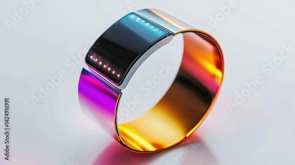 Fototapeta Sleek, futuristic, colorful wristband device, displaying vibrant lights on a modern, metallic band.