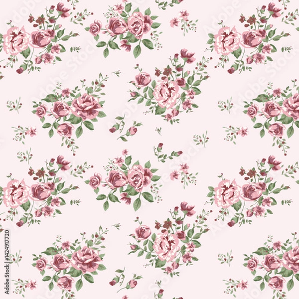 Fototapeta Vintage Pink Floral Bouquet for Textile Print for Fabric, Seamless Pattern, rose bunches for fashionable print for top and bottom set