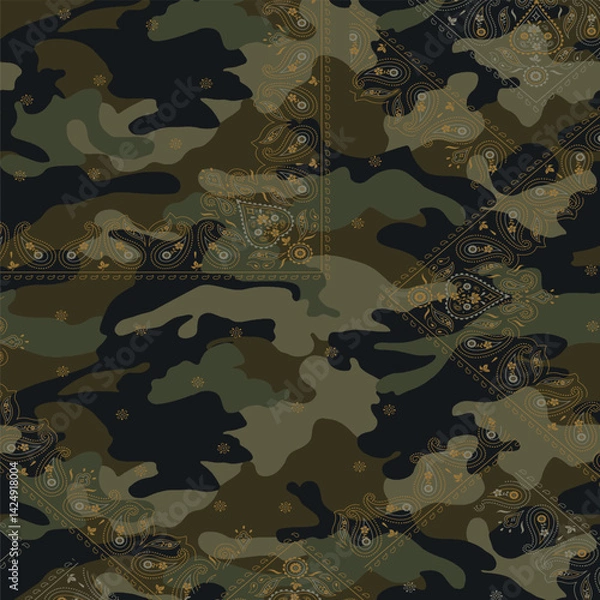 Fototapeta Camouflage Paisley Seamless Pattern for Textile Print for Fabric with vintage looks, neutral camo 