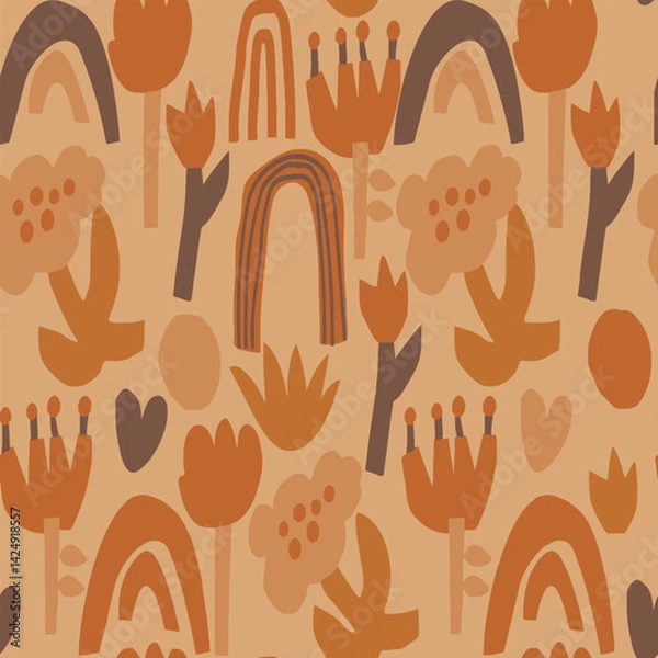 Fototapeta Boho Floral and Rainbow Seamless Pattern for Textile Print for Fabric, Cute Kids Nature Design