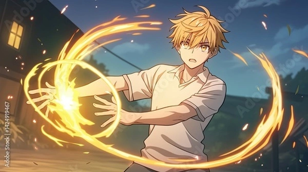 Fototapeta Dynamic anime style illustration of a young male character with spiky blond hair casting a fiery spell with glowing flames swirling around him against a sunset night sky scene