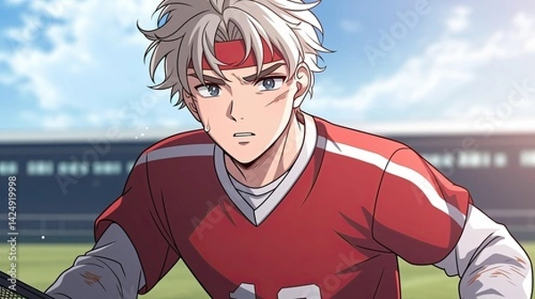 Fototapeta Close-up of an anime-style young male football player with silver hair and a determined expression wea a red jersey on a grassy field du daytime