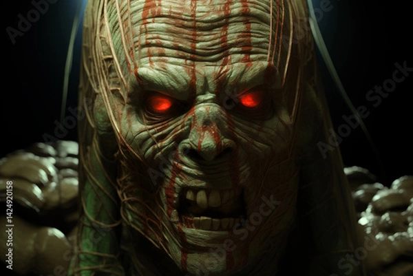 Fototapeta Close up of green monster face with red eyes looks angry and its mouth open revealing teeth