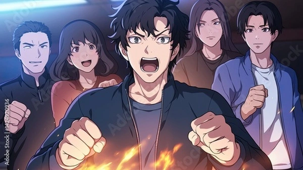 Fototapeta Dynamic anime characters expressing emotions with intense facial expressions and energetic gestures in a colorful animated style illustration