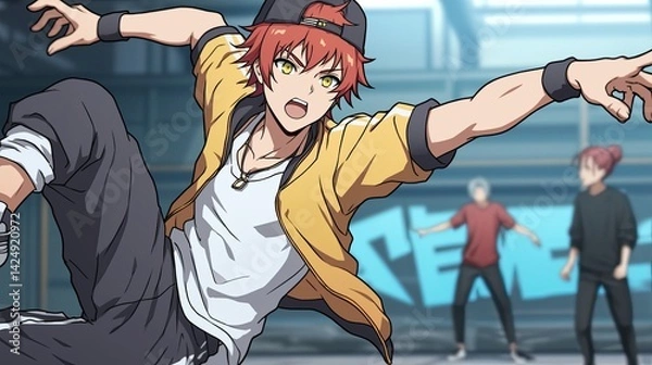 Fototapeta Dynamic anime style illustration of energetic young male character performing a dance move in a modern urban setting with vibrant background and other dancers in motion