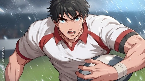 Obraz Animated male soccer player in action on rainy day wea jersey with intense expression and athletic stance, sports game outdoors under grey cloudy sky