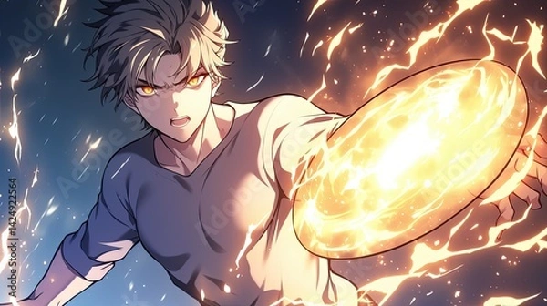 Obraz Stunning anime style illustration of a young male character wielding fiery magic energy, dynamic action pose, detailed shading, intense lighting effects, fantasy scene