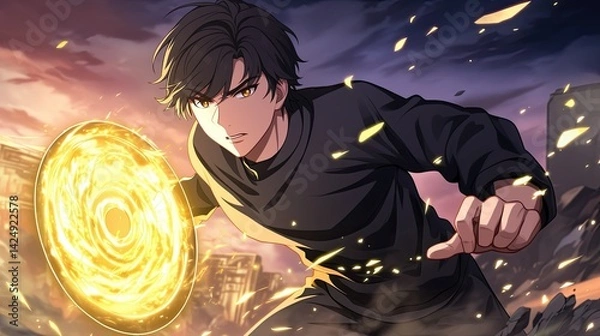 Obraz Dynamic anime style illustration of a powerful male character summoning a glowing energy portal with intense glowing effects under a dramatic sunset sky