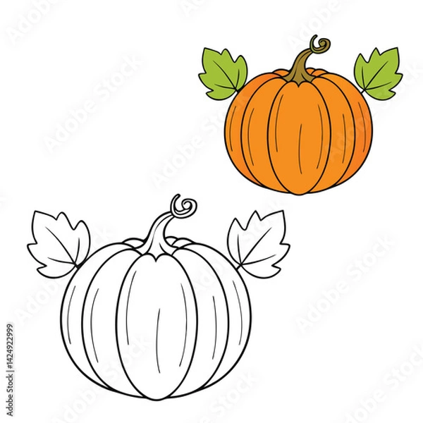 Fototapeta A bright orange pumpkin surrounded by colorful autumn leaves, capturing the cozy, festive spirit of fall with warm hues and natural charm.