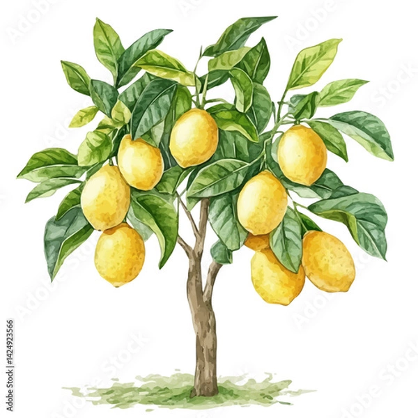 Obraz Lemon tree heavy with ripe fruit, watercolor illustration, isolated on a white background.

