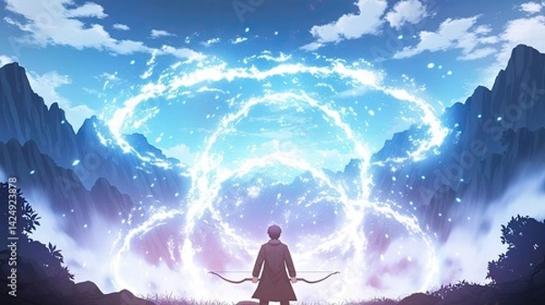 Obraz Surreal fantasy landscape featu a person standing with arms wide open amidst glowing water splashes and rugged mountains under a bright sky with dramatic clouds