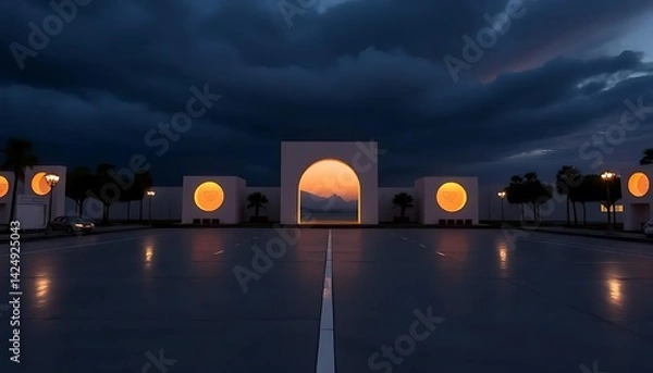 Obraz Surreal symmetrical architecture against a backdrop of a dramatic twilight sky