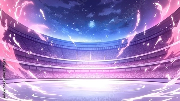 Obraz Vibrant futuristic cityscape with glowing neon lights and dynamic energy surrounding a modern stadium under a starry night sky du dusk