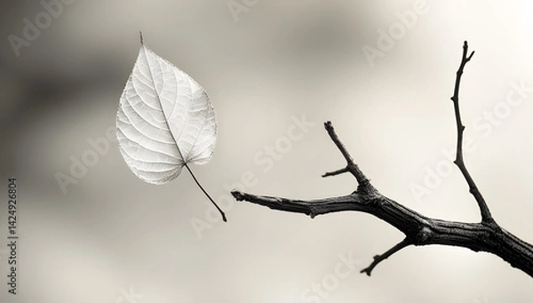 Obraz dried leaf and branch isolated on blurred background minimalist concept