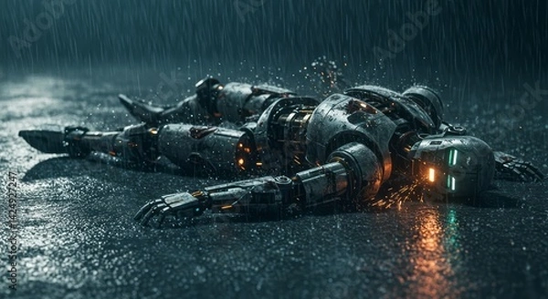 Fototapeta Wounded futuristic robot lying in the rain showing internal mechanism and sparking, conveying a sense of dystopian technology and artificial intelligence failure