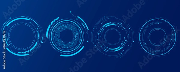 Fototapeta HUD circles set with electronics details on blue background for your tech design. Digital technology elements. Futuristic round frames. Vector illustration