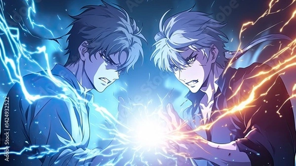 Fototapeta Dynamic anime style illustration of two male characters with intense expressions surrounded by lightning and energy effects in a high action scene