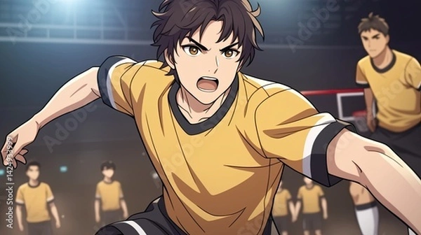 Fototapeta Intense anime style volleyball match featu determined young athletes in yellow jerseys competing passionately in a competitive sports setting