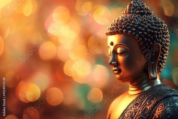 Fototapeta A beautifully crafted Buddha statue captures serenity and tranquility, enhanced by soft bokeh lighting in warm tones. Perfect for themes of spirituality and calm.