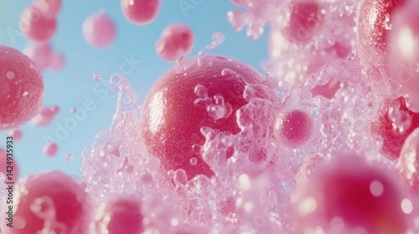 Obraz Pink spheres in vibrant liquid splash, surrounded by effervescent bubbles.