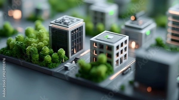 Fototapeta A dynamic virtual city powered by crypto with interactive ownership of utilities and resources.