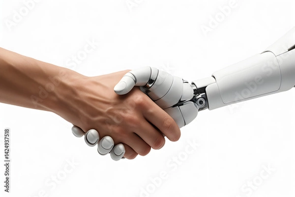 Fototapeta Human and AI Robot Handshake Symbolizing Future Collaboration and Technology Integration