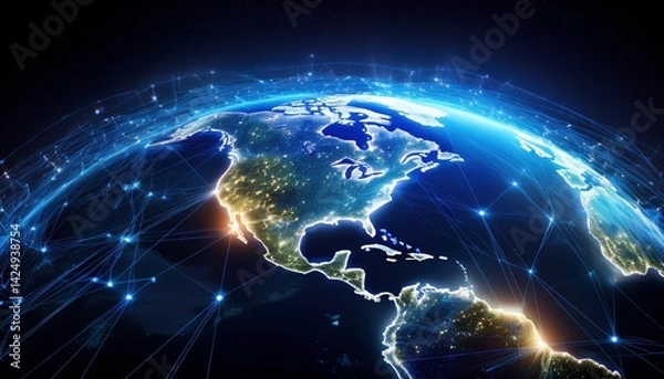 Fototapeta Glowing digital Earth at night, North and South America highlighted with city lights, connected by a network of light trails against a dark space background. The image uses a digital art style