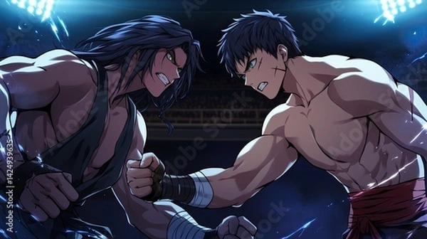 Fototapeta Intense combat scene between two male anime fighters with muscular physiques and fierce expressions du a battle under dynamic blue lighting at an arena