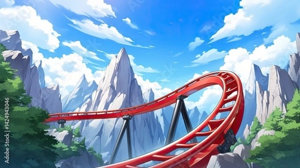 Fototapeta Colorful roller coaster track twisting through lush green mountains under a bright blue sky with scattered clouds in a vibrant amusement park scene