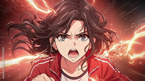 Fototapeta Dynamic anime style illustration of fierce young woman with flowing hair, lightning energy, intense facial expression, in a dramatic action pose